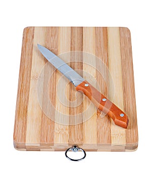 Cutting bamboo board with kitchen knife