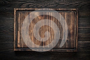 Cutting board on dark wooden table.