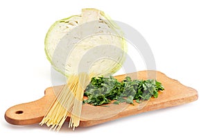 Cutting board, kale, parsley, pasta