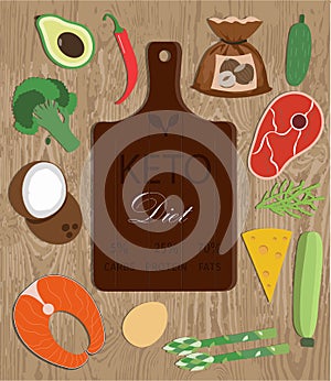 Cutting Board and a set of products for the keto diet. Flat illustration with fat healthy foods for ketosis. Salmon