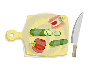 Cutting board with sliced vegetables and a knife on white background.