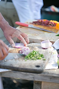 Cutting board with unions and knife