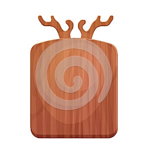 Cutting board wooden chopping desk with horns top view in cartoon style isolated on white background. Wood shield, menu