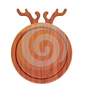 Cutting board wooden circle chopping desk with horns top view in cartoon style isolated on white background. Wood shield