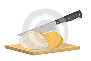 Cutting bread into slice with knife. Cooking toast