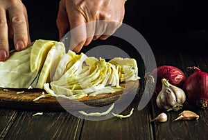 Cutting cabbage with a knife on a kitchen cutting board. The idea of a vegetable diet by the hands of a cook
