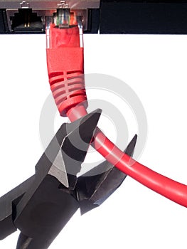Cutting computer network wire. safety concept