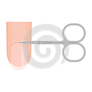 Cutting the cuticle with nail scissors. Finger and scissors. Vector illustration on white background