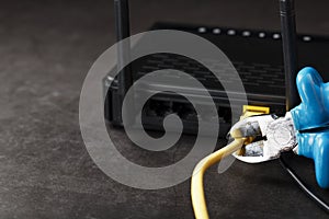 Cutting and disconnecting the network Internet connection with cutting pliers