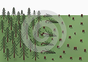 Cutting down of a pine forest landscape, big trees and a lot of stumps, vector horizontal