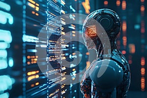 AI robot analyzing complex digital data streams on a futuristic glowing interface, technology.