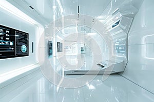 Cutting-edge computer technologies in a white room setting for futuristic workspaces