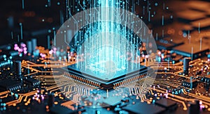 Cutting Edge CPU Microchip With Glowing Data Stream Connection And Complex Circuitry
