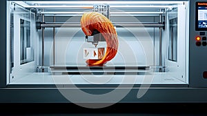 Advanced 3 d printer creating complex object with orange filament