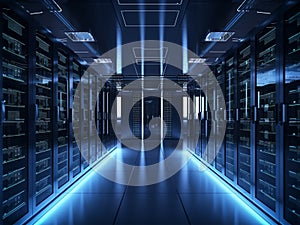 Data center rows of fully operational server racks, server room, cloud computing, database, super computer, generative AI