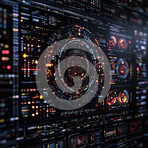 A cutting-edge digital interface with glowing orange elements and intricate circuitry, symbolizing advanced technology and a