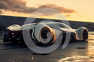 A cutting-edge, futuristic car stands parked on the sandy shores of a picturesque beach, A futuristic sports car with a sleek