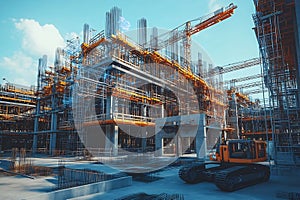 Cutting Edge Futuristic Construction Site with Holographic Overlays and Robotic Automation photo