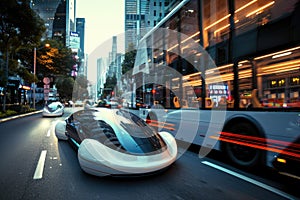 A cutting-edge futuristic vehicle with aerodynamic design zips down a bustling city street, blending seamlessly with the