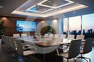 Cutting edge meeting room in a contemporary business hub, digitally recreated