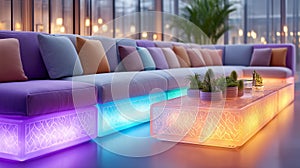high-tech modular sofa with holographic displays and transparent refractive seating in VR showroom