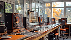 Cutting-edge music studio with top equipment for audio mixing and mastering in a modern space.