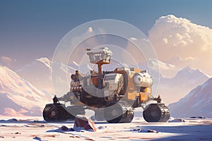 Cutting edge robot for pioneering research and exploration in the snowy mountain environment, watercolor
