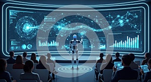 Futuristic robot presenting data on a large interactive holographic screen to an audience