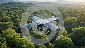 solar-powered drone hovering above a lush forest, conducting environmental research from the air. photo