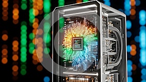 Futuristic AI Processor in Transparent Computer Case with Glowing Circuits
