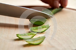 Cutting fresh aloe vera leaves on a table