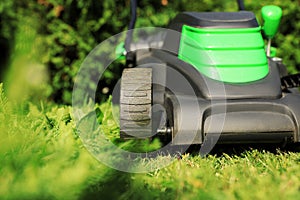 Cutting green grass with lawn mower in garden, closeup