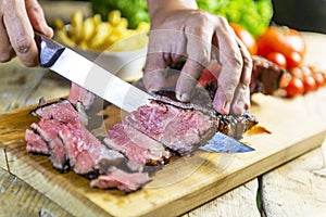 Beef steak cut on chopping board