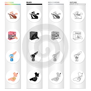 Cutting hams, making coffee, blending food, cleaning potatoes. Cooking food set collection icons in cartoon black