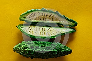 Cutting karela with yellow background,top view of bitter gourd on market - Bitter melon,bitter gourd in the basket,copy space with