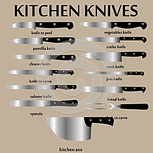 Cutting knives set. Poster Butcher diagram