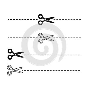 Cutting line. Set of black scissors. Vector line drawing cut