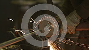 Cutting, machine, metal, grinding., Sparks, fly, from, circle.