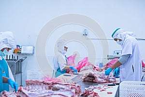 Cutting meat slaughterhouse workers in the factory