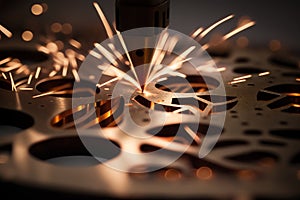 Cutting of metal. Sparks fly from laser. Generative AI