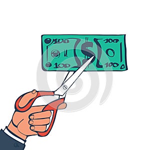 Cutting money, scissors in hands men, cutting dollar banknote. Vector