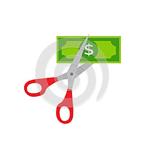 Cutting money, scissors in hands men, cutting dollar banknote Vector illustration