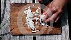 Cutting onion for cooking on wooden stave. Ingredient for meal