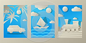 Cutting paper banner, poster and gift card flat vector illustration. Car, boat, train origami. Design silhouette