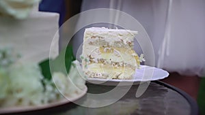 Cutting piece of wedding cake. Bride and groom with knife at reception.