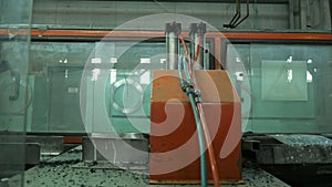 Cutting pipes manufacturing production line. Manufacture of plastic water pipes factory. Process of making plastic tubes