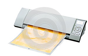 Cutting plotter. Paper cut machine for scrapbook isolated on white background. Craft equipment with sticky pad