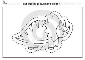 Cutting practice for kids. Black and white worksheet. Cut out and glue cute dinosaur