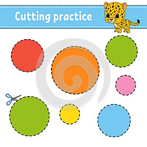 Cutting practice for kids. Education developing worksheet. Activity page with pictures. Color game for children. Isolated vector
