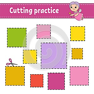 Cutting practice for kids. Education developing worksheet. Activity page with pictures. Game for children. Isolated vector